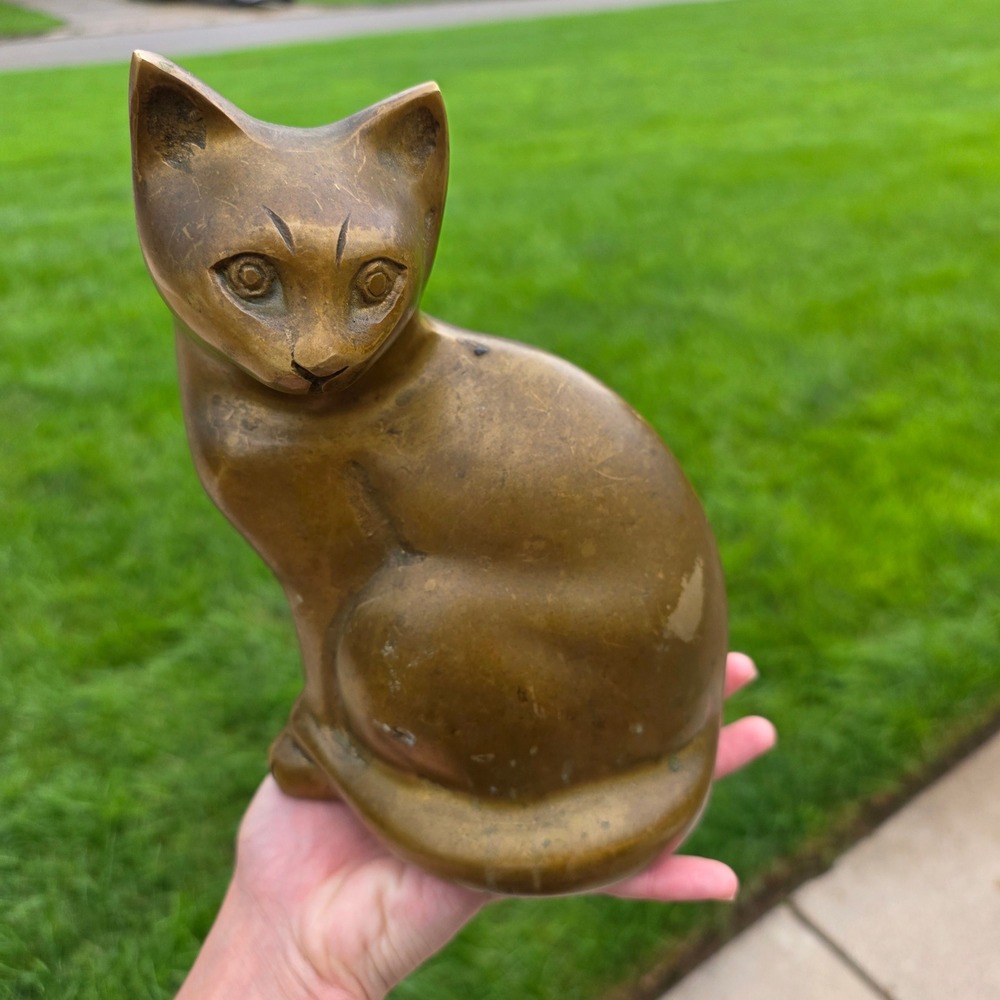 Vintage Brass Cat Figurine Mid Century Modern Seated Feline Statue Made in Korea